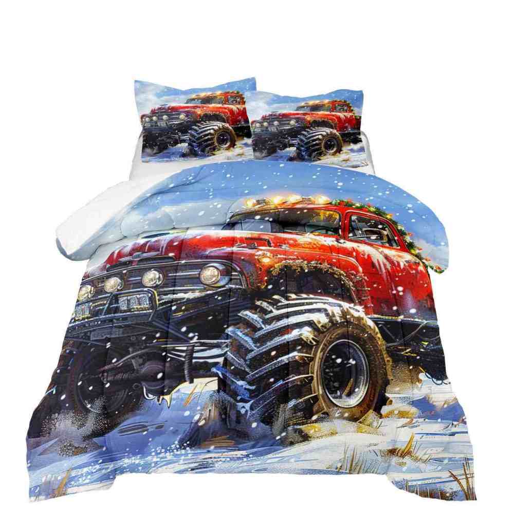 Holiday Roof Wreath Monster Truck Comforter Set Boys Winter Bedding | CozyLil