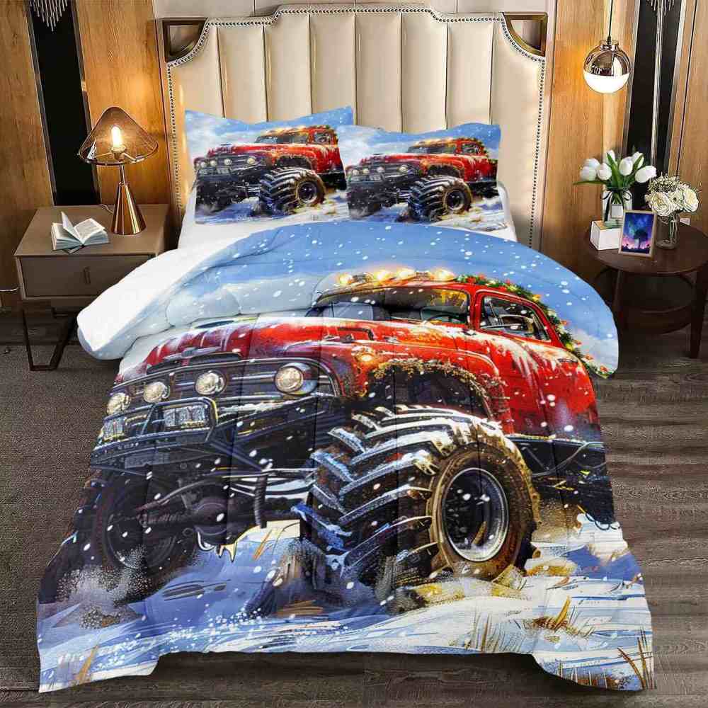 Holiday Roof Wreath Monster Truck Comforter Set Boys Winter Bedding | CozyLil