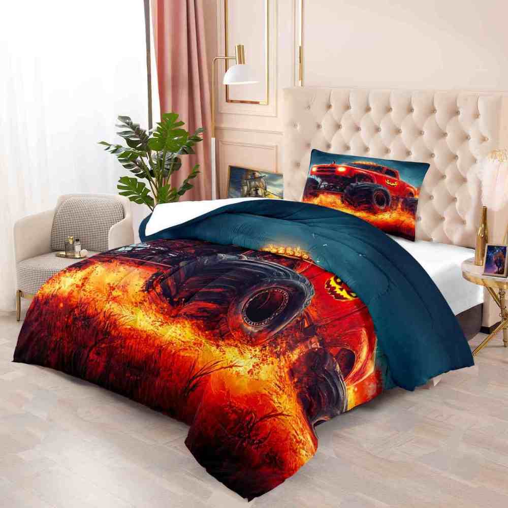 Fiery Jack-o'-Lantern Monster Truck Comforter Set Halloween Bedding | CozyLil