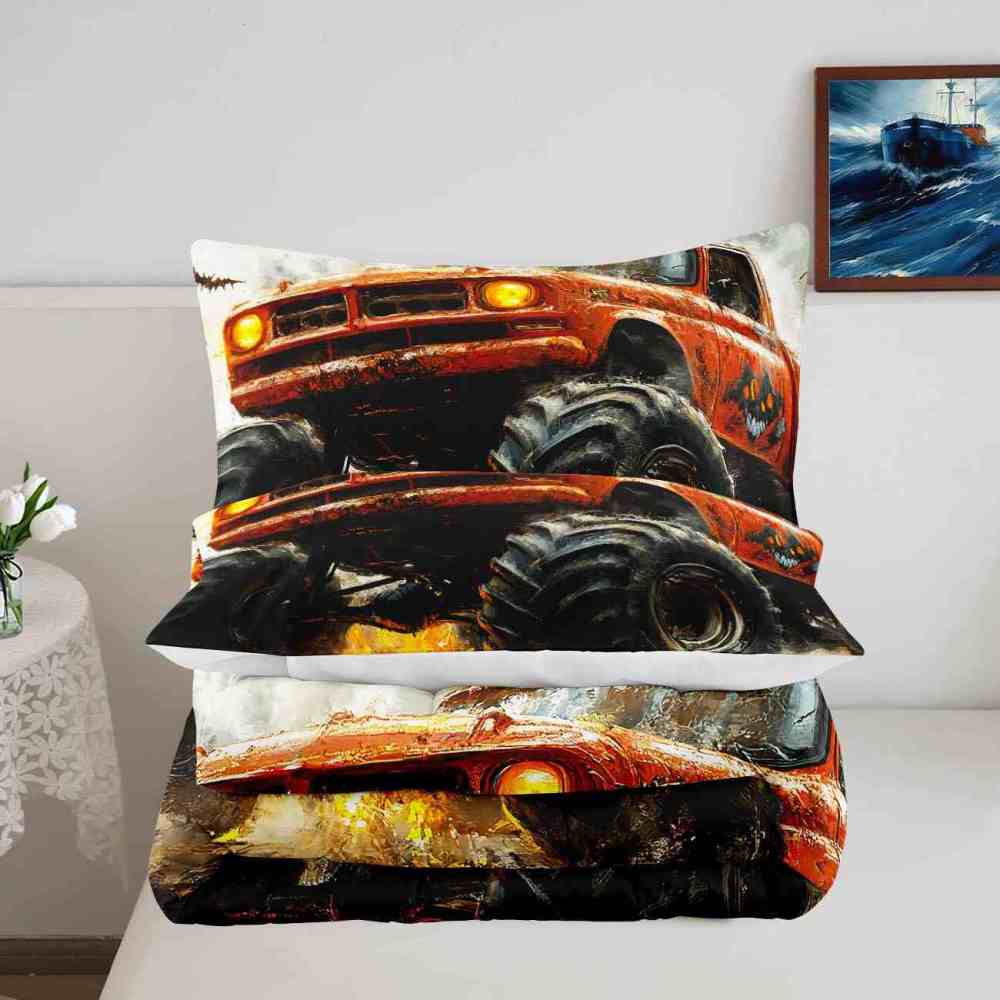 Fiery Jack-o'-Lantern Monster Truck Comforter Set Halloween Bedding | CozyLil