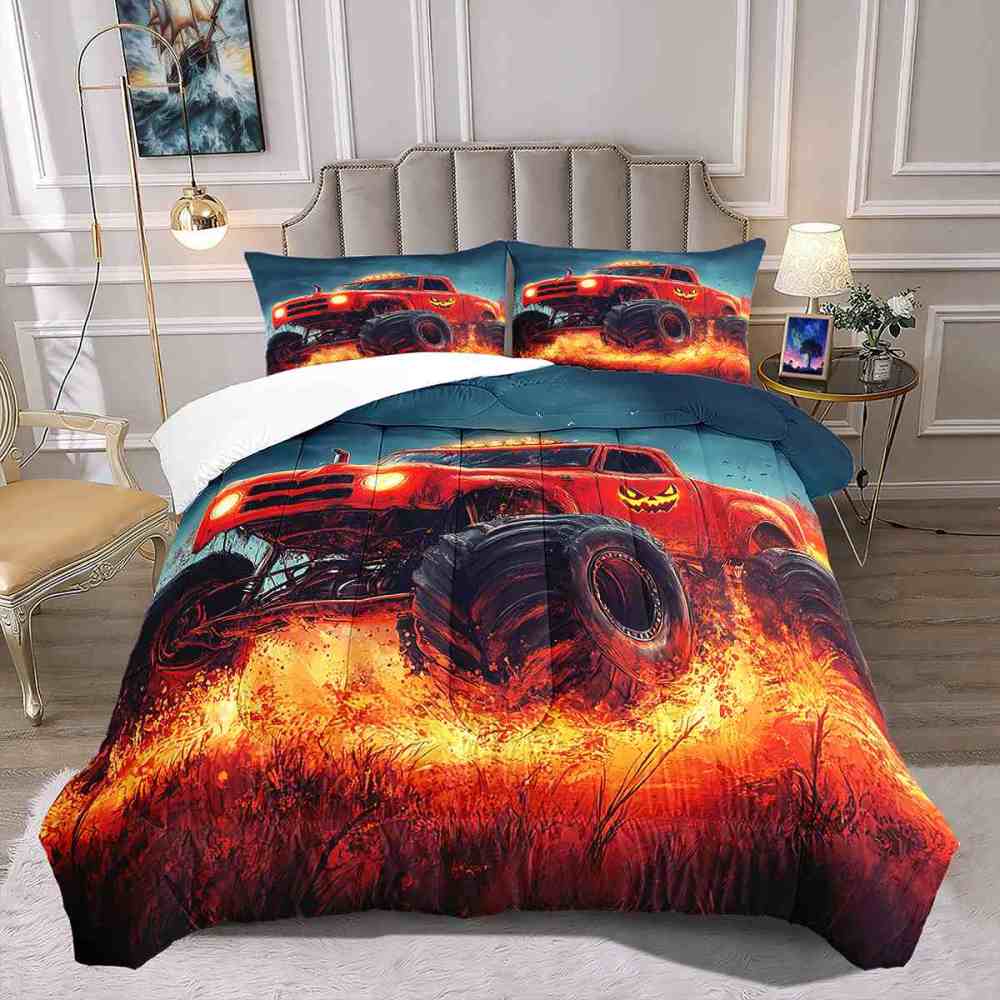 Fiery Jack-o'-Lantern Monster Truck Comforter Set Halloween Bedding | CozyLil