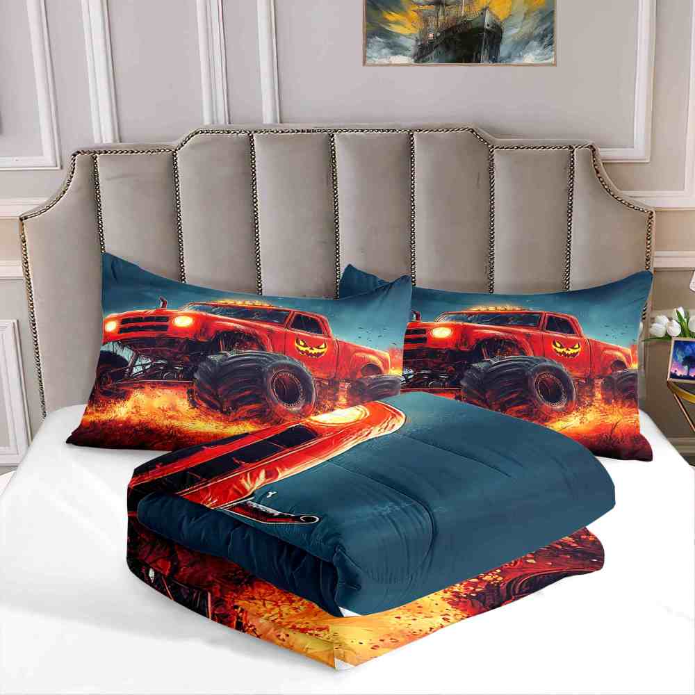 Fiery Jack-o'-Lantern Monster Truck Comforter Set Halloween Bedding | CozyLil