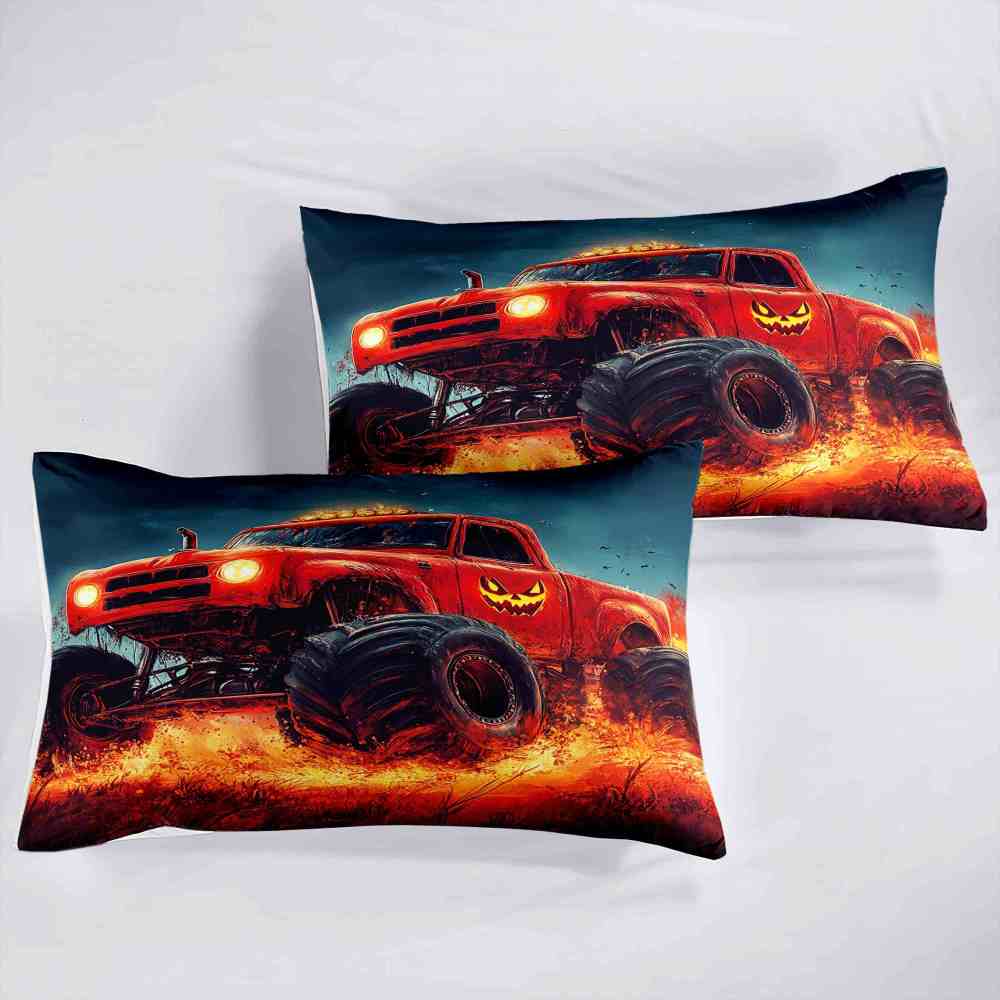Fiery Jack-o'-Lantern Monster Truck Comforter Set Halloween Bedding | CozyLil