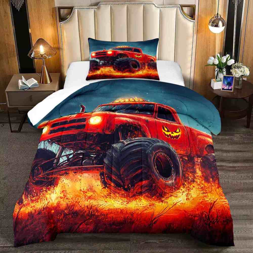 Fiery Jack-o'-Lantern Monster Truck Comforter Set Halloween Bedding | CozyLil