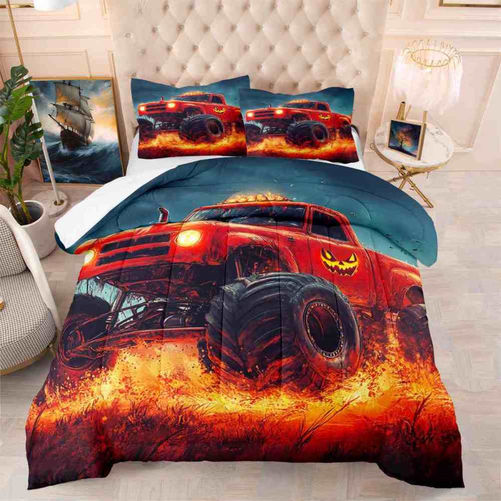 Fiery Jack-o'-Lantern Monster Truck Comforter Set Halloween Bedding | CozyLil