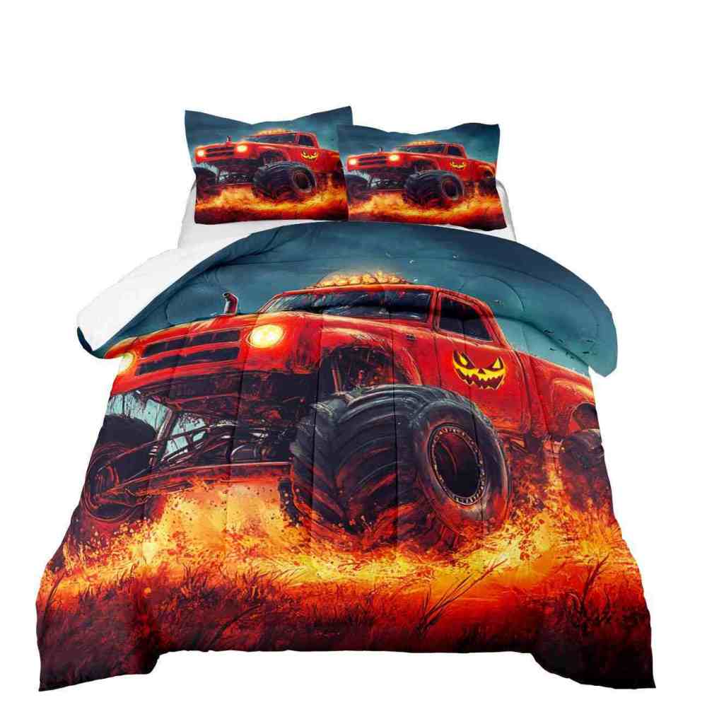 Fiery Jack-o'-Lantern Monster Truck Comforter Set Halloween Bedding | CozyLil
