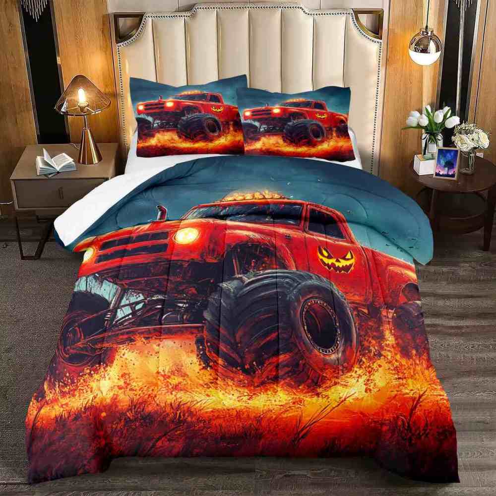 Fiery Jack-o'-Lantern Monster Truck Comforter Set Halloween Bedding | CozyLil