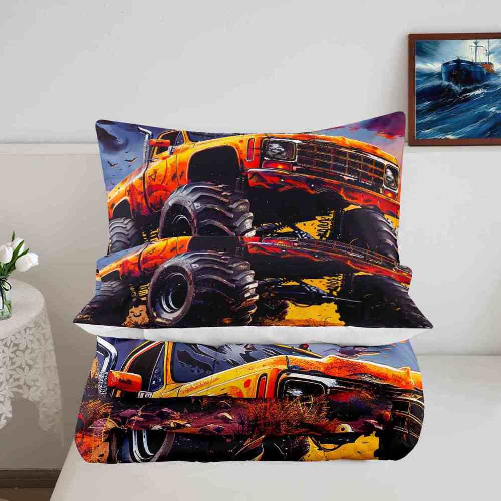 Pumpkin Grill Orange Monster Truck Comforter Set Boys Bedding | CozyLil