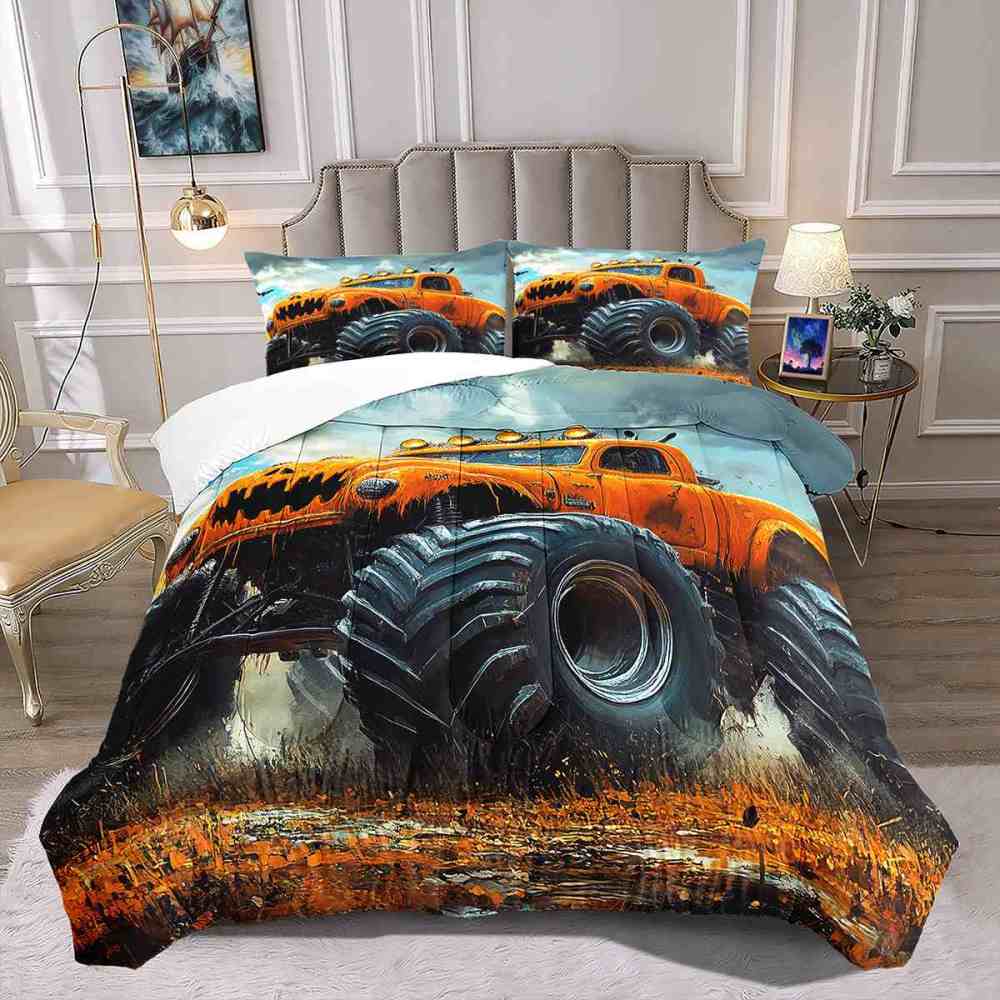 Pumpkin Grill Orange Monster Truck Comforter Set Boys Bedding | CozyLil