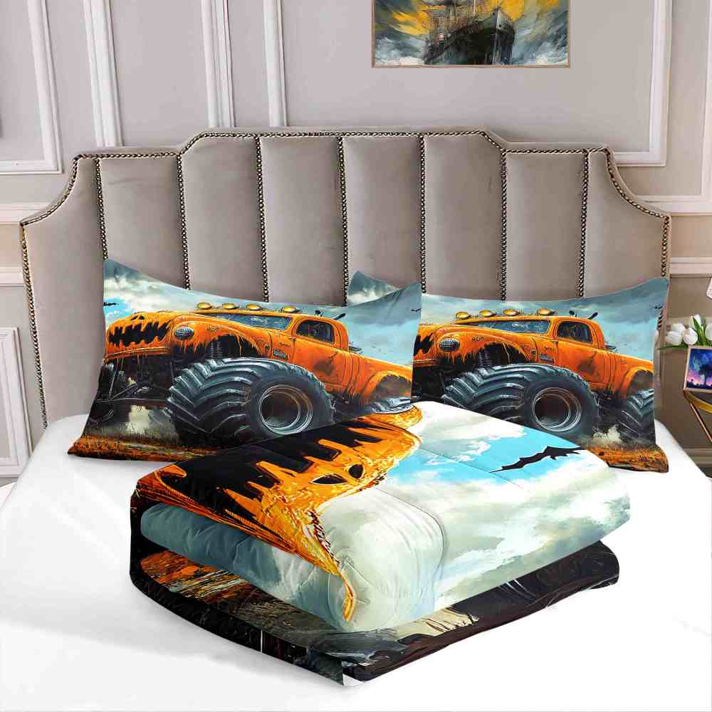 Pumpkin Grill Orange Monster Truck Comforter Set Boys Bedding | CozyLil