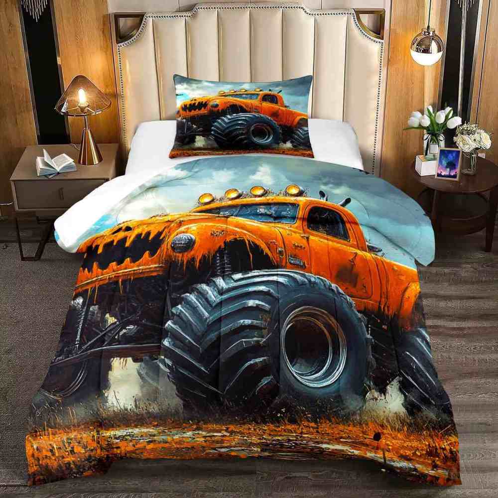 Pumpkin Grill Orange Monster Truck Comforter Set Boys Bedding | CozyLil