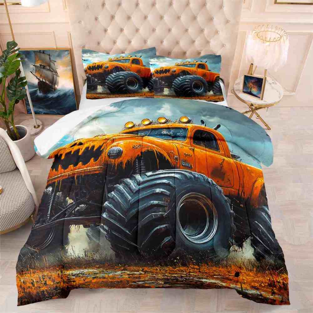 Pumpkin Grill Orange Monster Truck Comforter Set Boys Bedding | CozyLil