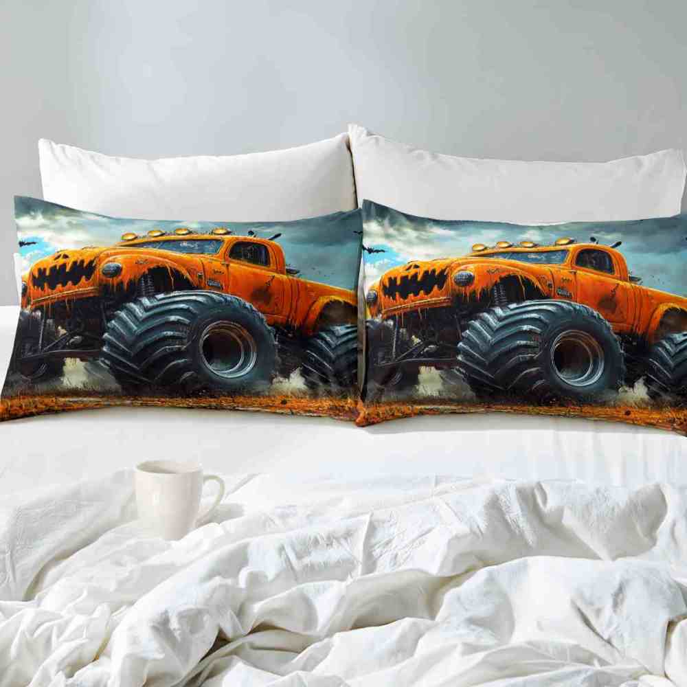 Pumpkin Grill Orange Monster Truck Comforter Set Boys Bedding | CozyLil
