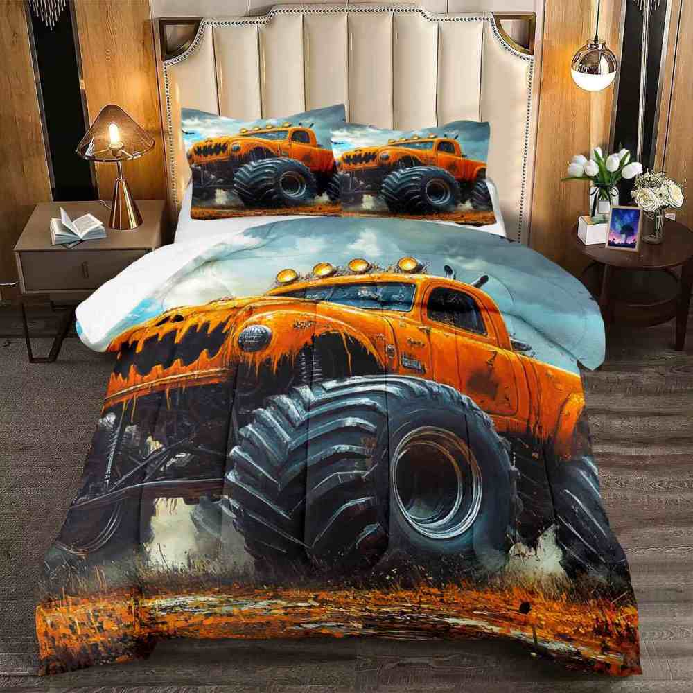 Pumpkin Grill Orange Monster Truck Comforter Set Boys Bedding | CozyLil