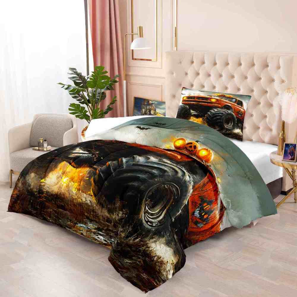 Spooky Roof Pumpkins Monster Truck Comforter Set Kids Bedding | CozyLil