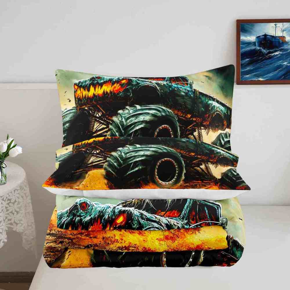 Spooky Roof Pumpkins Monster Truck Comforter Set Kids Bedding | CozyLil