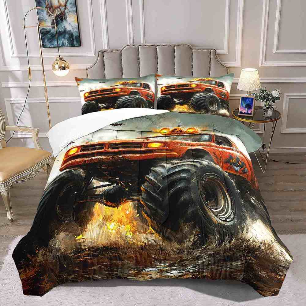 Spooky Roof Pumpkins Monster Truck Comforter Set Kids Bedding | CozyLil