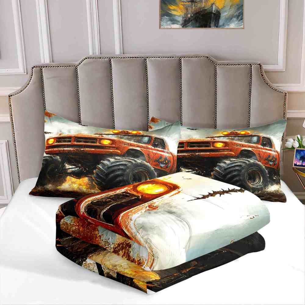 Spooky Roof Pumpkins Monster Truck Comforter Set Kids Bedding | CozyLil