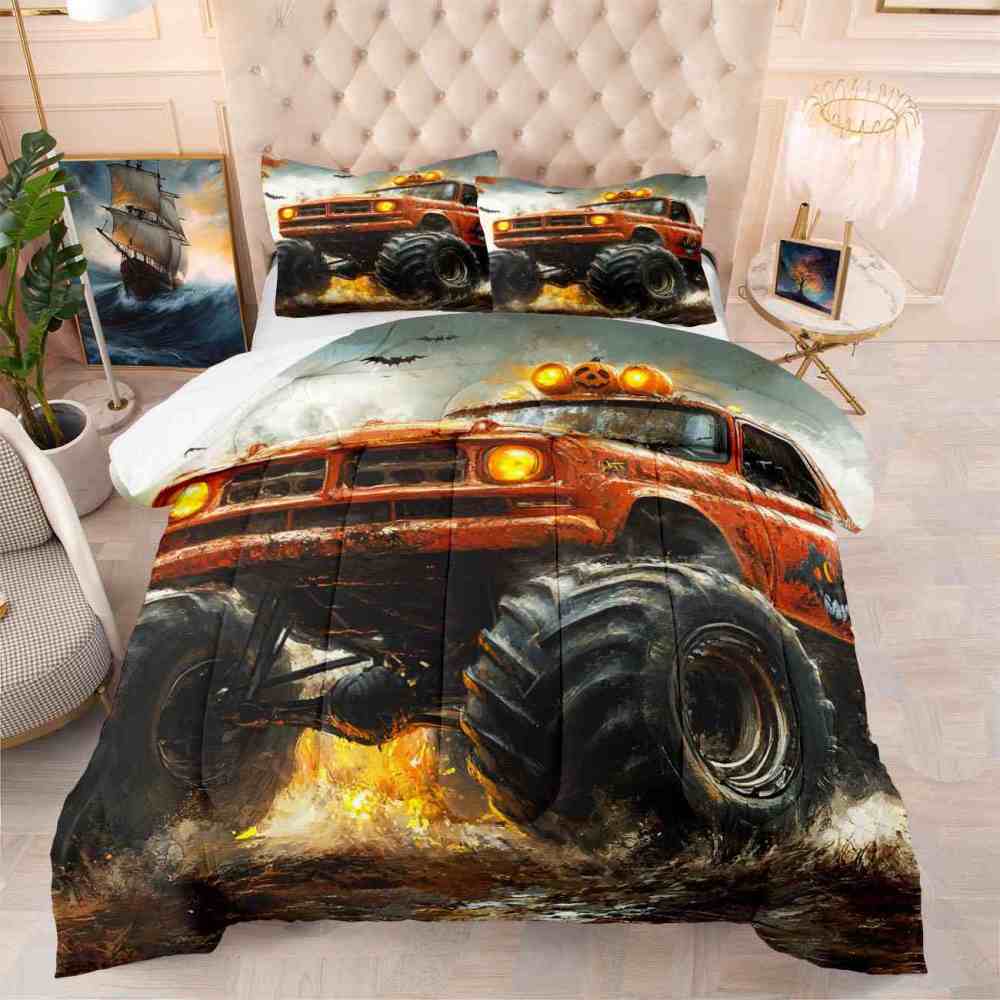 Spooky Roof Pumpkins Monster Truck Comforter Set Kids Bedding | CozyLil