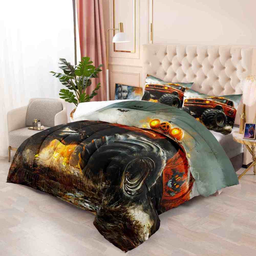 Spooky Roof Pumpkins Monster Truck Comforter Set Kids Bedding | CozyLil