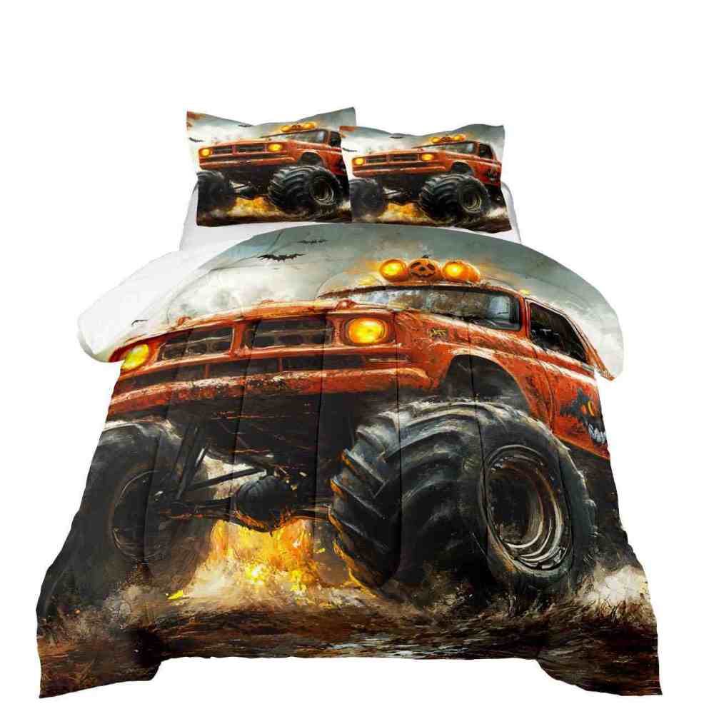 Spooky Roof Pumpkins Monster Truck Comforter Set Kids Bedding | CozyLil