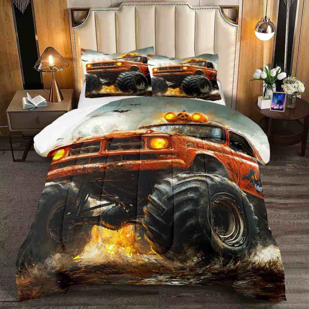 Spooky Roof Pumpkins Monster Truck Comforter Set Kids Bedding | CozyLil