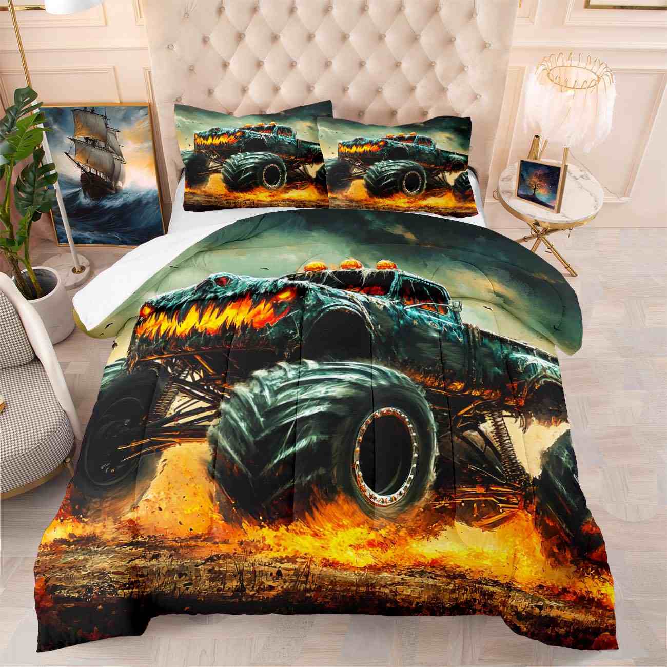 Fiery Extreme Off-Road Monster Truck Comforter Set Boys Bedding | CozyLil