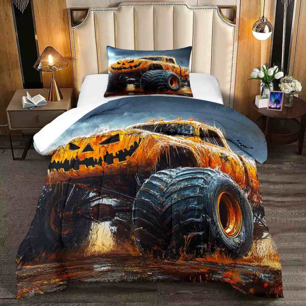 Halloween Pumpkin Monster Truck Comforter Set Kids Room Decor | CozyLil