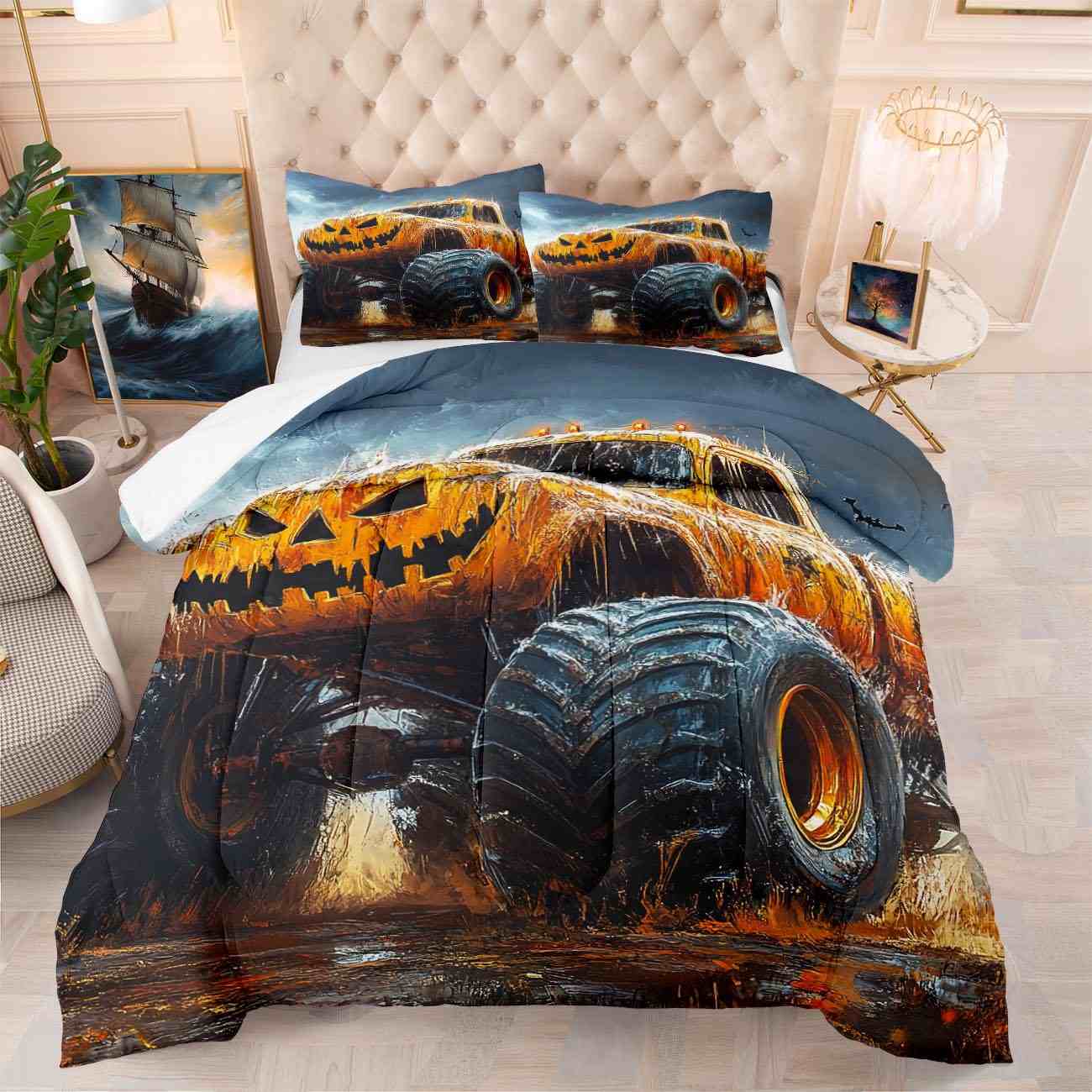 Halloween Pumpkin Monster Truck Comforter Set Kids Room Decor | CozyLil
