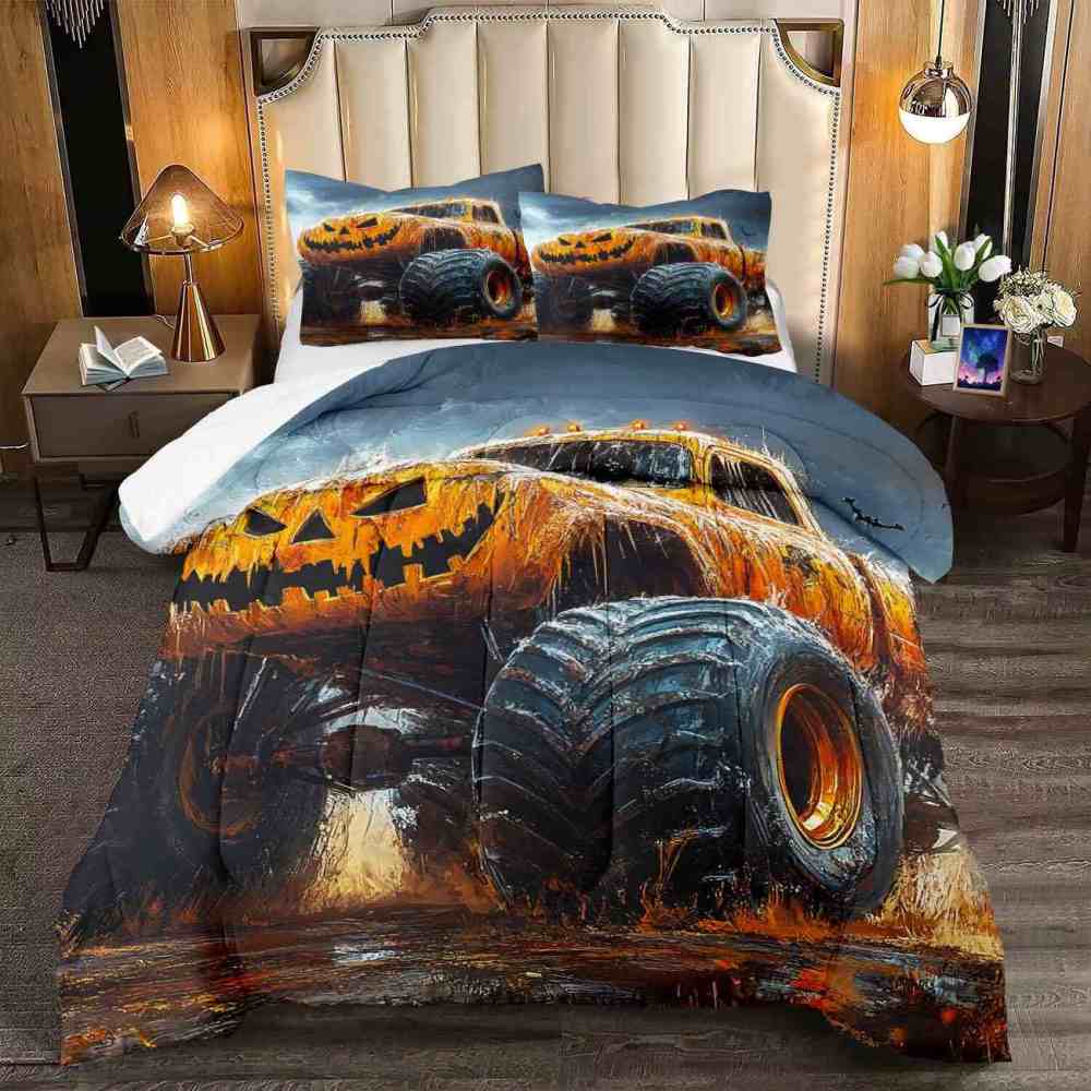 Halloween Pumpkin Monster Truck Comforter Set Kids Room Decor | CozyLil