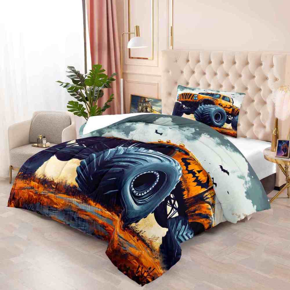 Spooky Orange Monster Truck Comforter Set Kids Room Decor | CozyLil