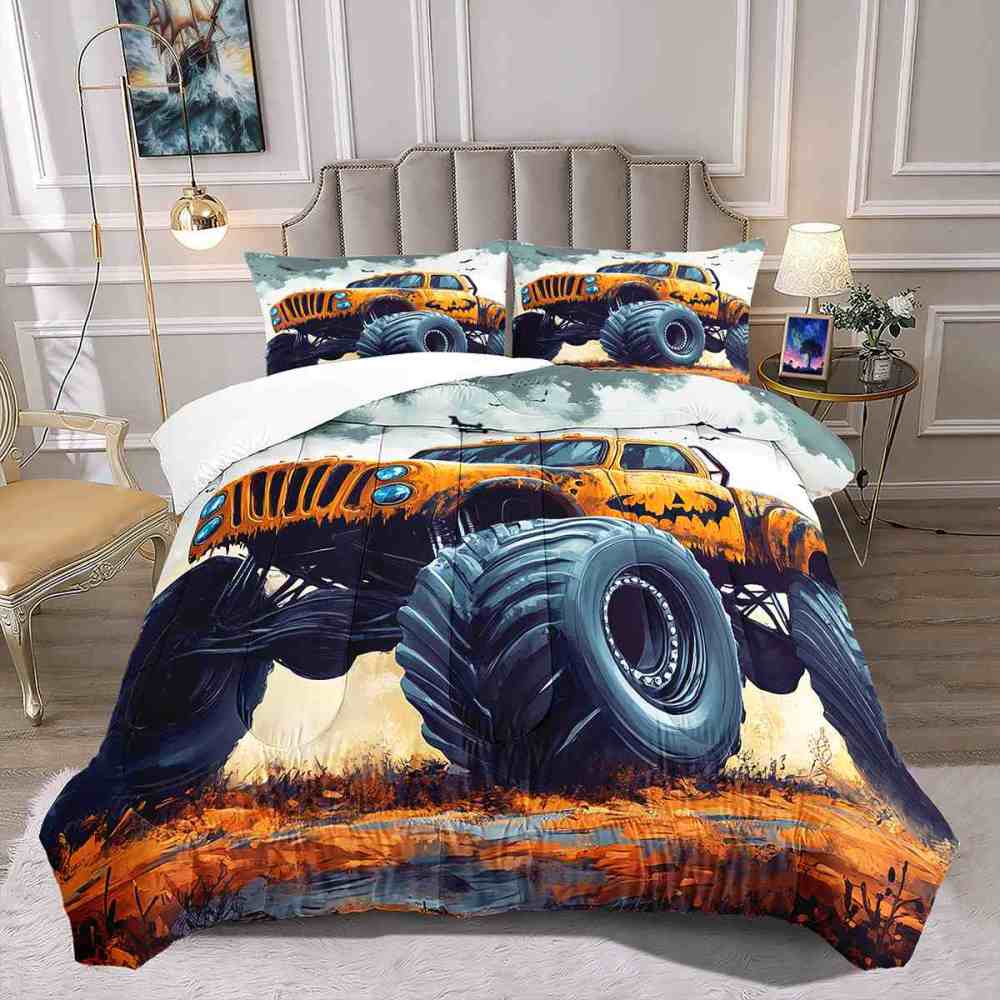 Spooky Orange Monster Truck Comforter Set Kids Room Decor | CozyLil