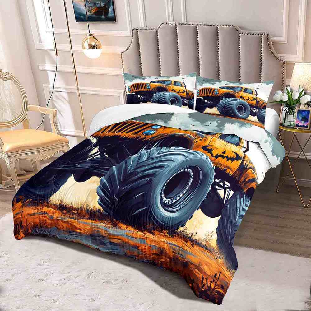 Spooky Orange Monster Truck Comforter Set Kids Room Decor | CozyLil