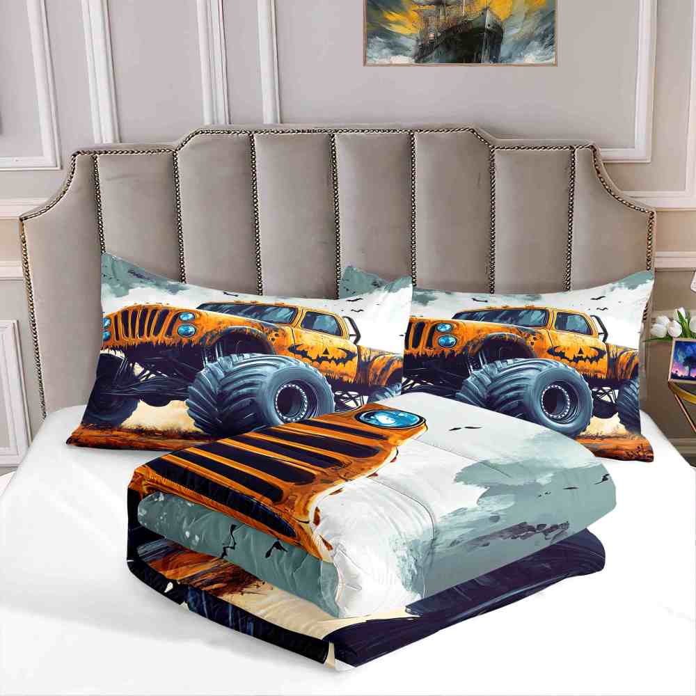Spooky Orange Monster Truck Comforter Set Kids Room Decor | CozyLil