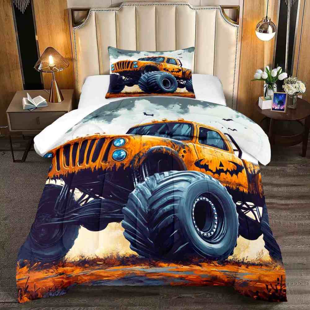 Spooky Orange Monster Truck Comforter Set Kids Room Decor | CozyLil