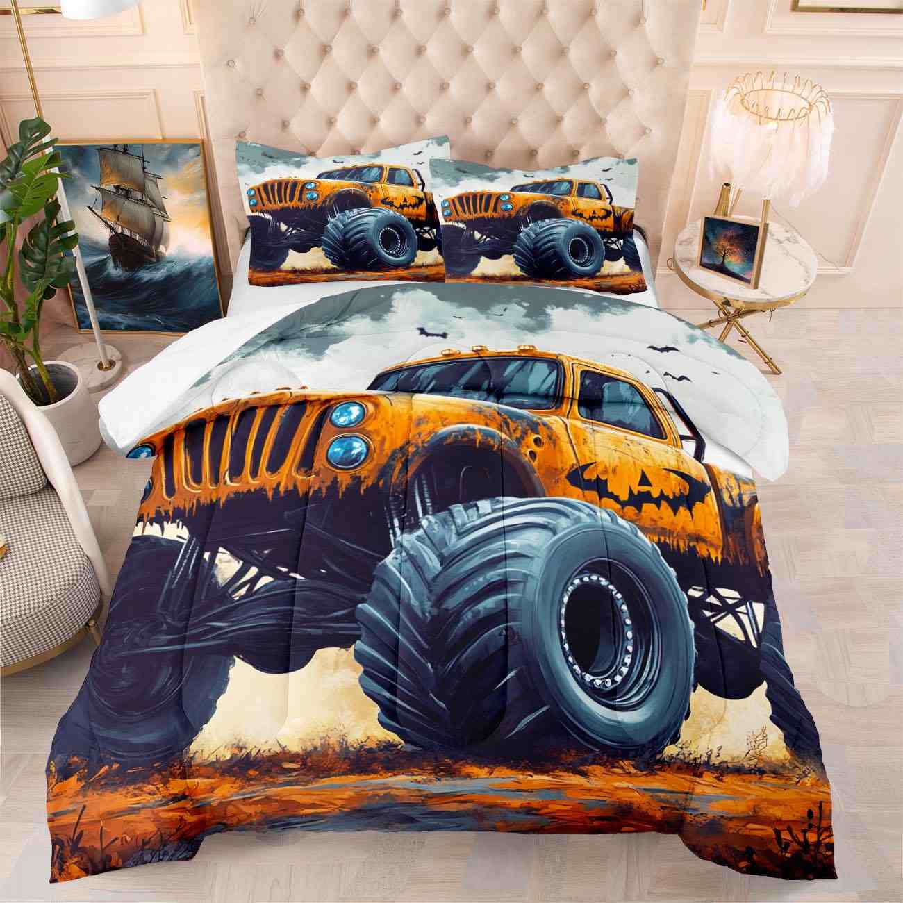 Spooky Orange Monster Truck Comforter Set Kids Room Decor | CozyLil