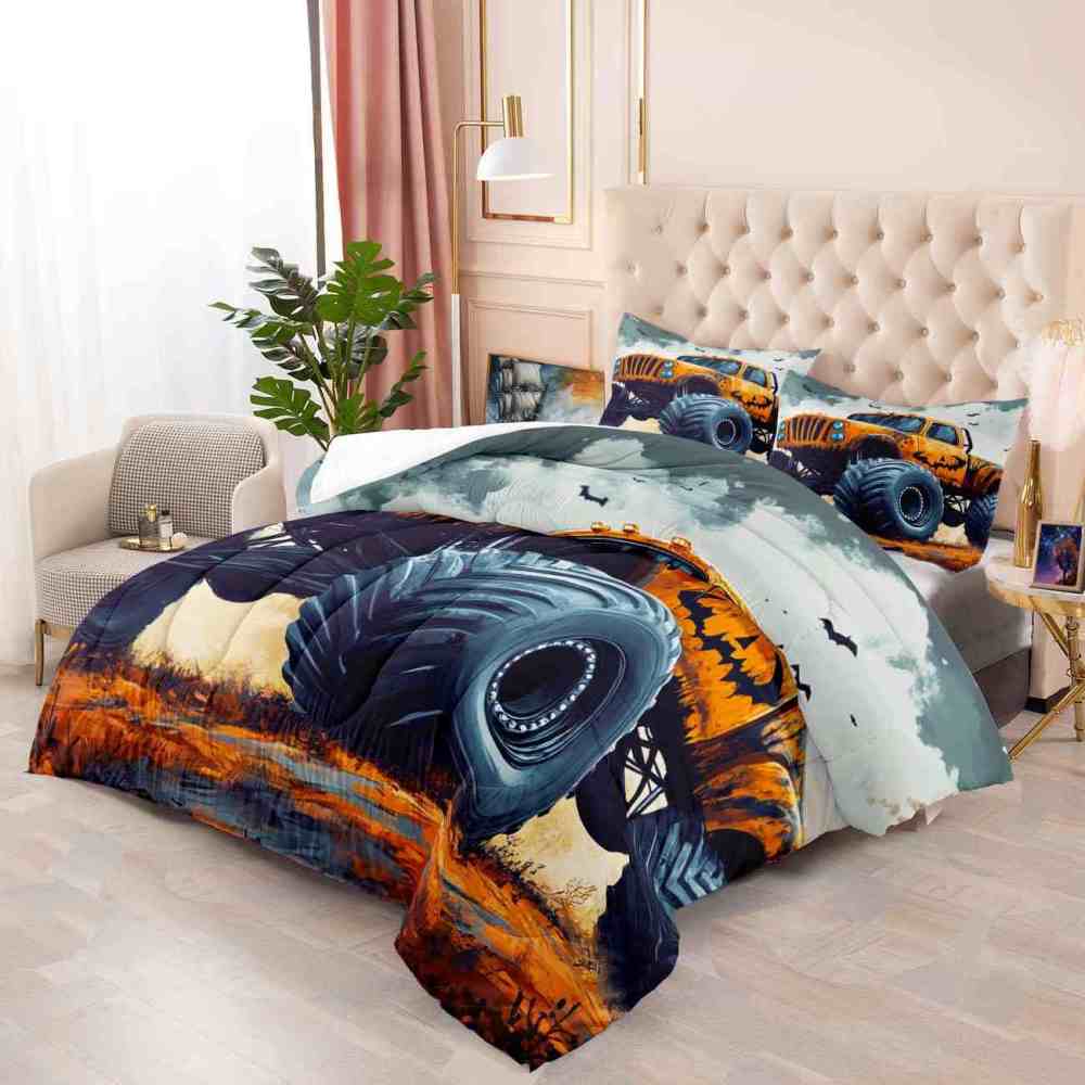 Spooky Orange Monster Truck Comforter Set Kids Room Decor | CozyLil