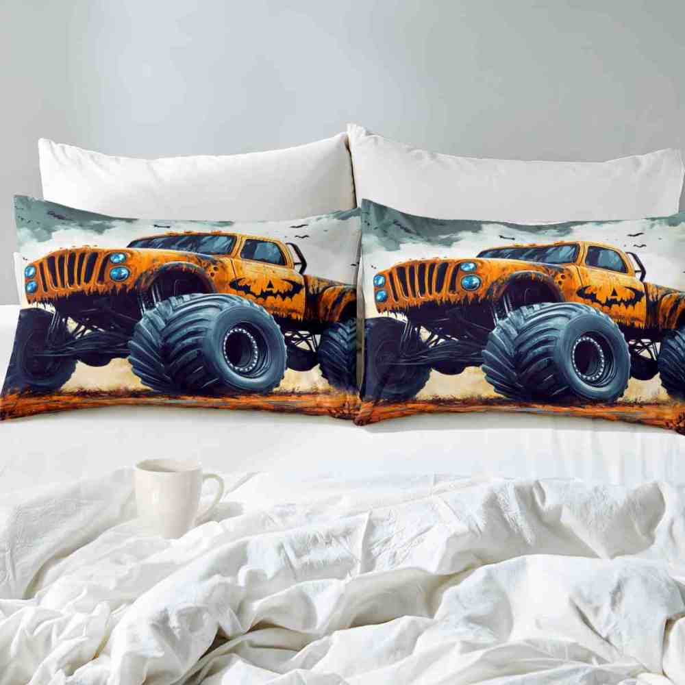 Spooky Orange Monster Truck Comforter Set Kids Room Decor | CozyLil