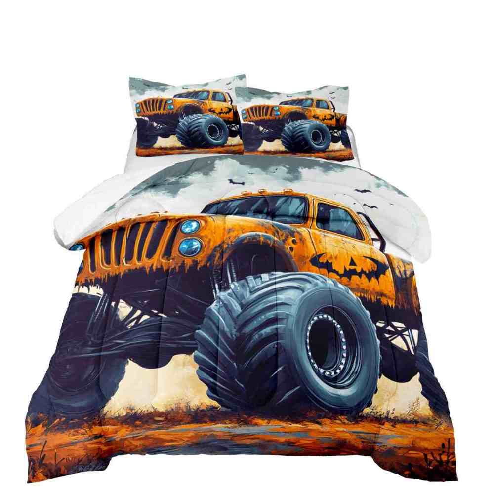 Spooky Orange Monster Truck Comforter Set Kids Room Decor | CozyLil