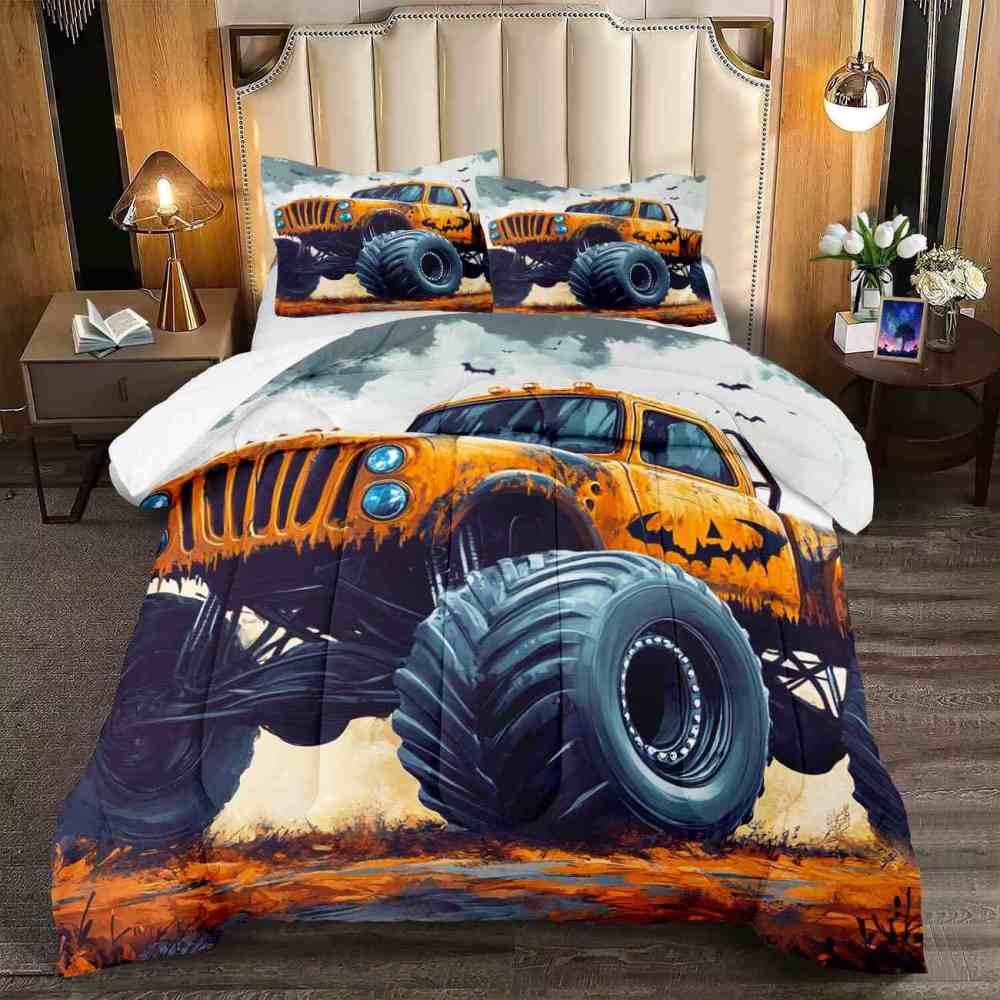 Spooky Orange Monster Truck Comforter Set Kids Room Decor | CozyLil