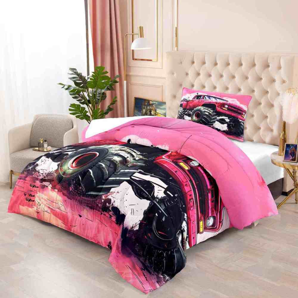 Pink Off-Road Monster Truck Comforter Set Girls Bedding | CozyLil