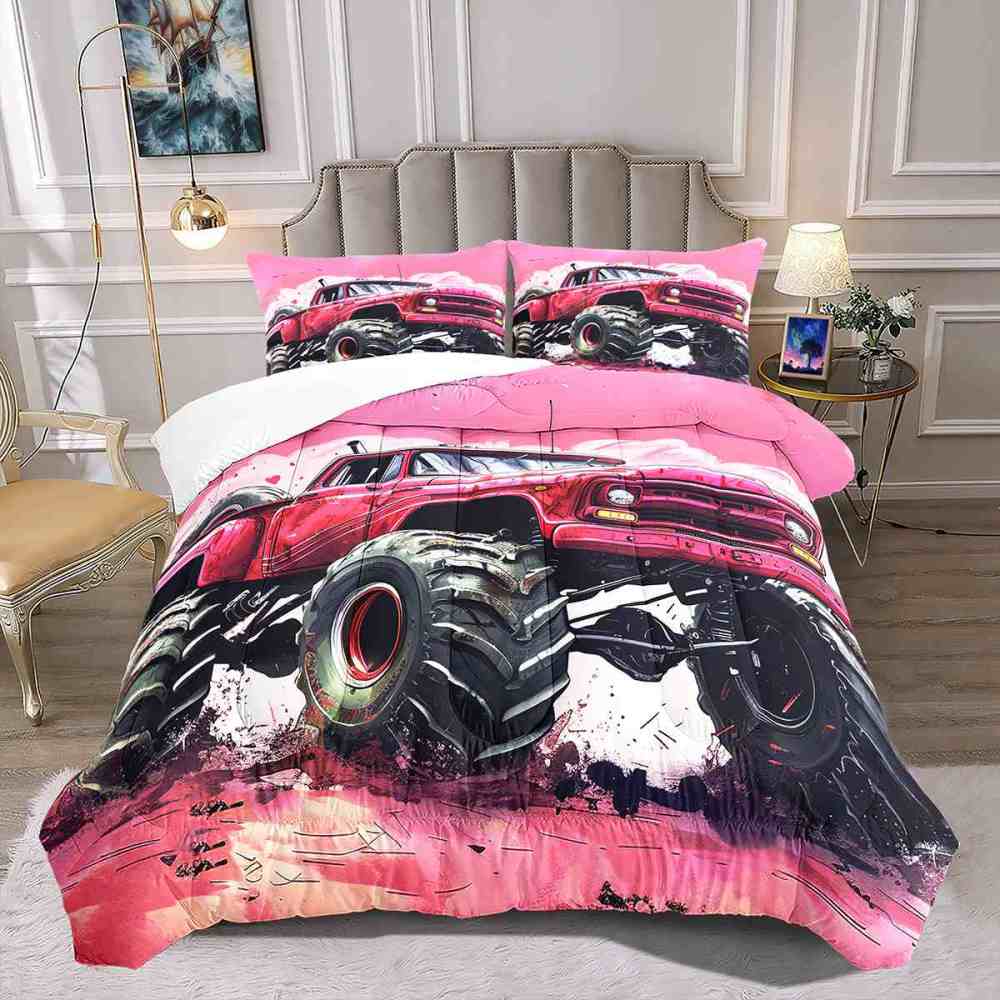 Pink Off-Road Monster Truck Comforter Set Girls Bedding | CozyLil
