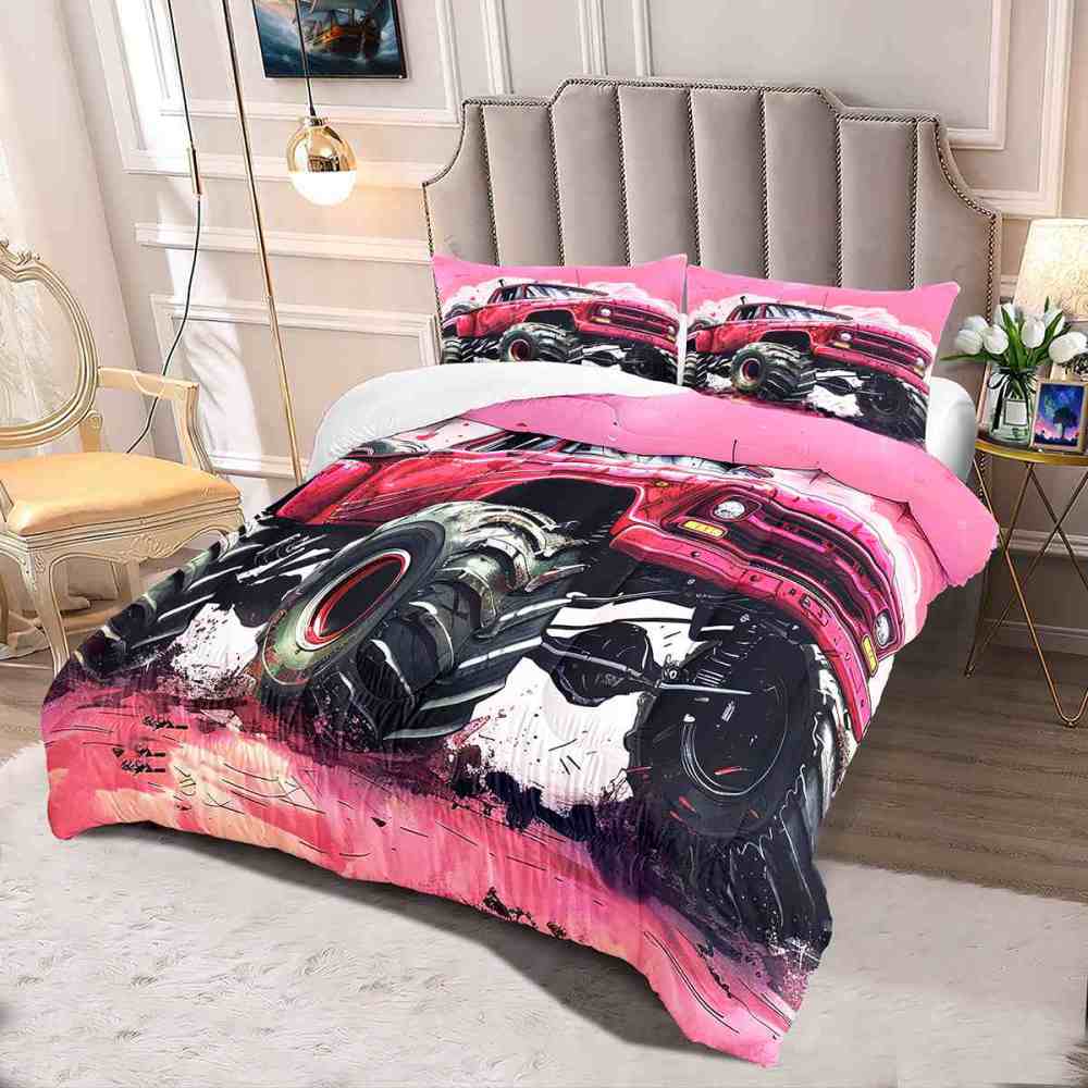 Pink Off-Road Monster Truck Comforter Set Girls Bedding | CozyLil