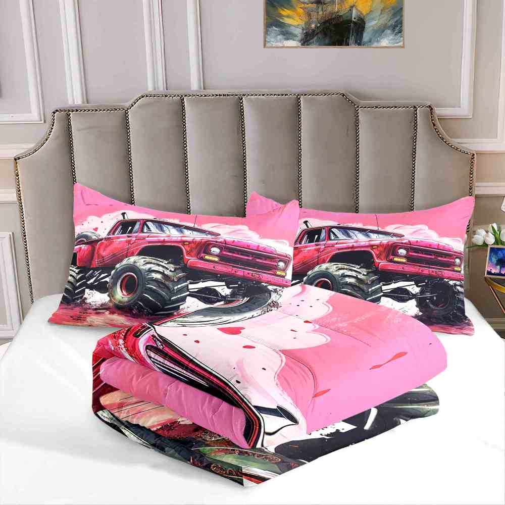 Pink Off-Road Monster Truck Comforter Set Girls Bedding | CozyLil