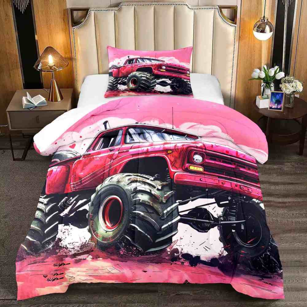 Pink Off-Road Monster Truck Comforter Set Girls Bedding | CozyLil