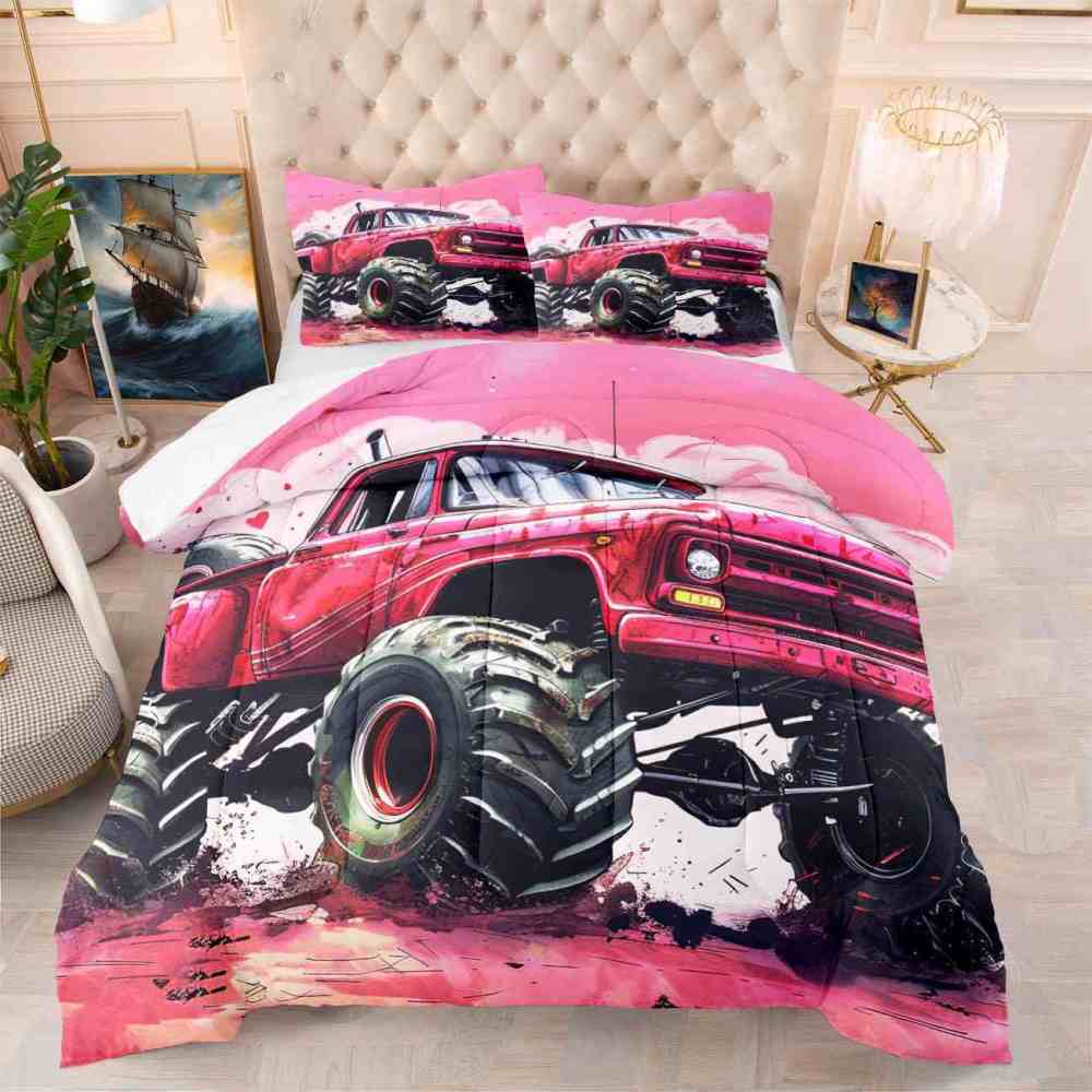 Pink Off-Road Monster Truck Comforter Set Girls Bedding | CozyLil