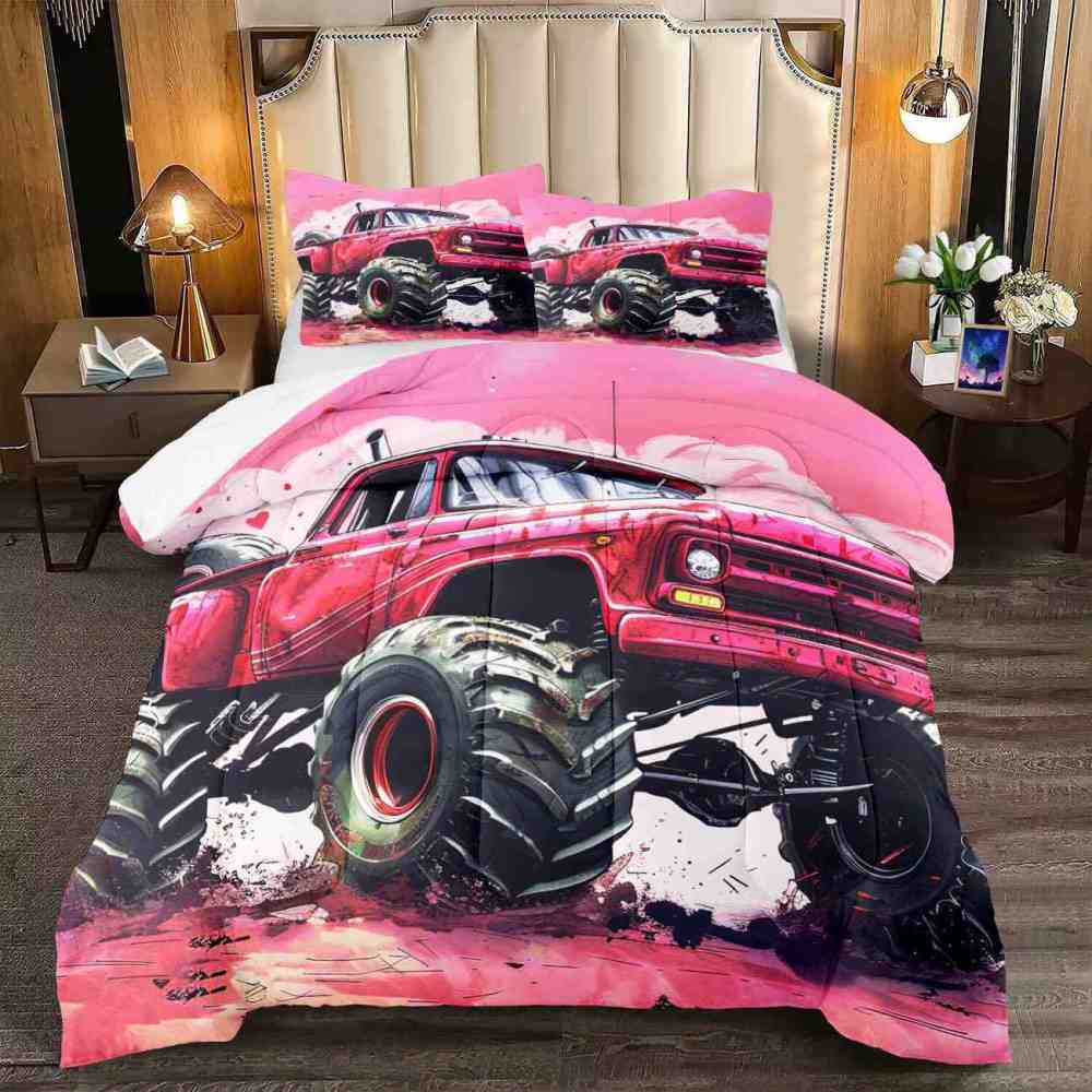 Pink Off-Road Monster Truck Comforter Set Girls Bedding | CozyLil