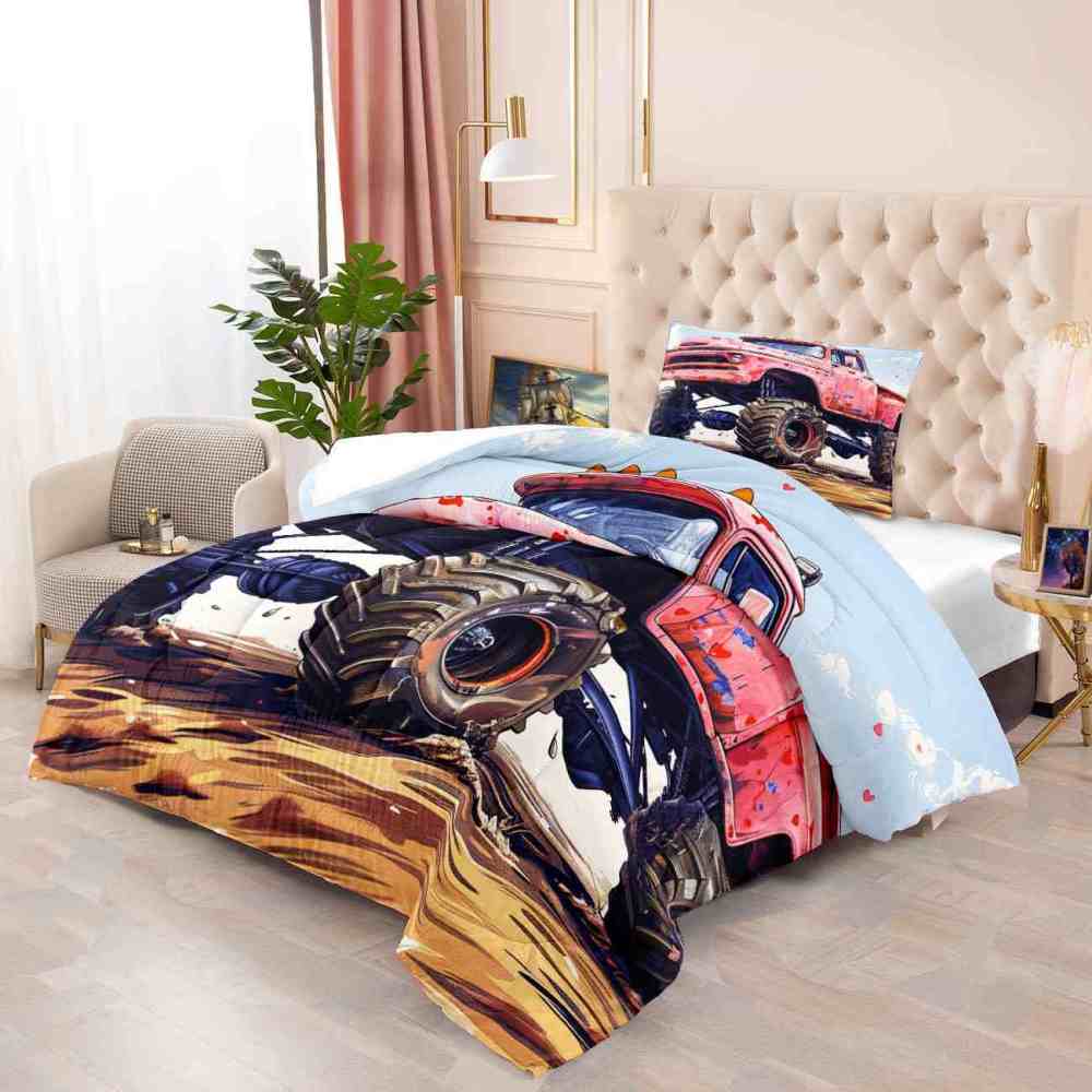 Red Heart Vintage Monster Truck Comforter Set Kids Bedding | CozyLil