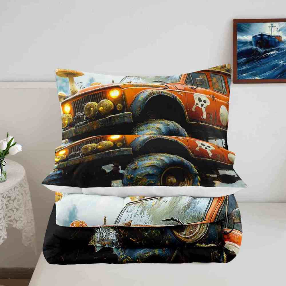Red Heart Vintage Monster Truck Comforter Set Kids Bedding | CozyLil