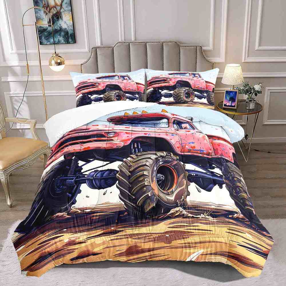 Red Heart Vintage Monster Truck Comforter Set Kids Bedding | CozyLil